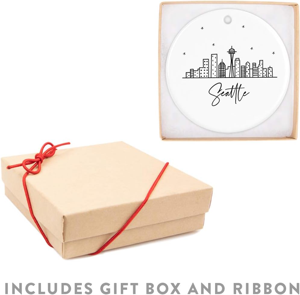 Andaz Press Round Ceramic Porcelain Christmas Tree Ornament Keepsake, Seattle Black and White Stars City Skyline Graphic, 1-Pack, Birthday Gift Ideas Family Coworker Him Her, Includes Gift Box