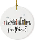 Andaz Press Round Ceramic Porcelain Christmas Tree Ornament Keepsake, Portland Colorful City Skyline Graphic, 1-Pack, Birthday Gift Ideas for Family Coworker, Includes Gift Box