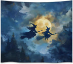 Spooky Halloween Witch Tapestry Wall Hanging Dark Fantasy Night Sky Aesthetic Print Flying Witches Under Full Moon Tapestries Horror Ghost Halloween Party Decor for Living Room Bedroom 50x60inch