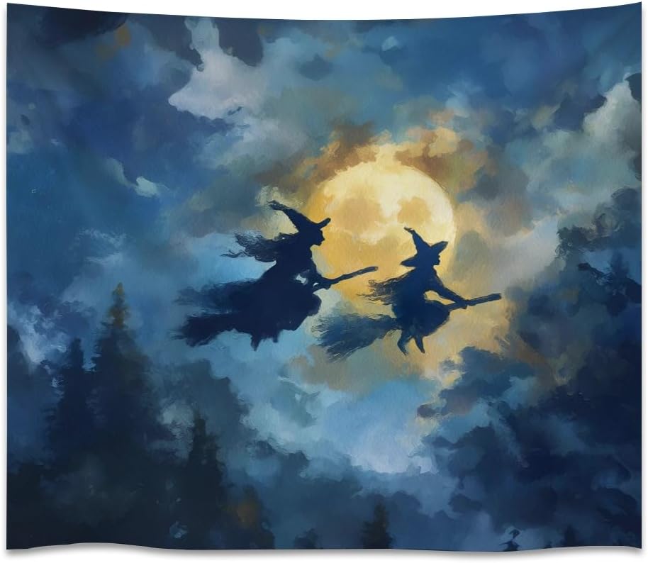 Spooky Halloween Witch Tapestry Wall Hanging Dark Fantasy Night Sky Aesthetic Print Flying Witches Under Full Moon Tapestries Horror Ghost Halloween Party Decor for Living Room Bedroom 50x60inch