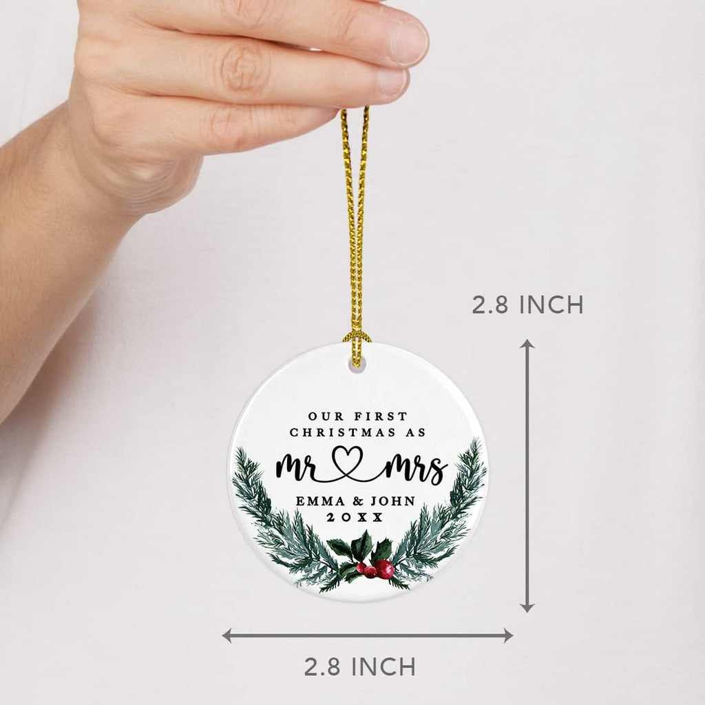 Andaz Press Personalized Our First Christmas As Mr. & Mrs. Christmas Ornaments Holly & Pine Wreath 2.8" Round Porcelain Ceramic Custom 1St Year Married Christmas Ornament 2024 for Newlyweds 1-Pack