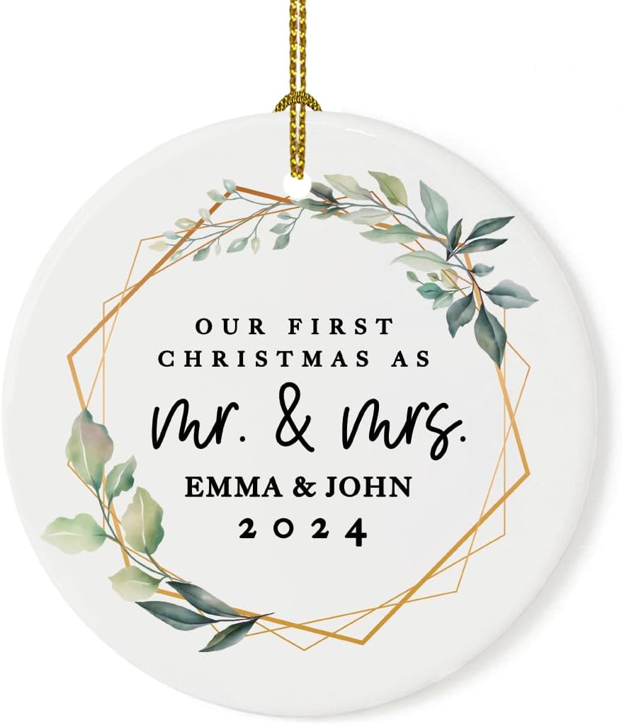 Andaz Press Personalized Our First Christmas As Mr. & Mrs. 2025 Christmas Ornaments Geometric Greenery 2.8" Round Porcelain Ceramic 1st Year Married Custom Ornament for Newlyweds Keepsake 1-Pack