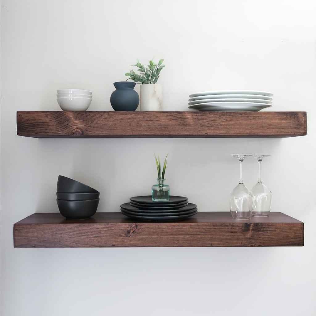 Modern Floating Shelves 3 Inches Thick for Wall, Wide Shelves for Kitchen, Living Room, Bedroom, and Bathroom, Natural Pine Wood, Rustic Wooden Shelf, (Set of 2) (Provincial, 24Lx3Hx6D)