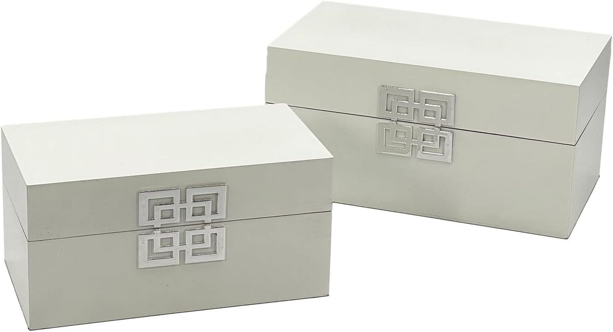 Galt International Storage Box Set Decorative Storage Box w/Hinged Lid Classic Design Wood Decor Boxes with Geometric Clasp Storage for Bedroom & Home - Set of 2 (White & Silver)