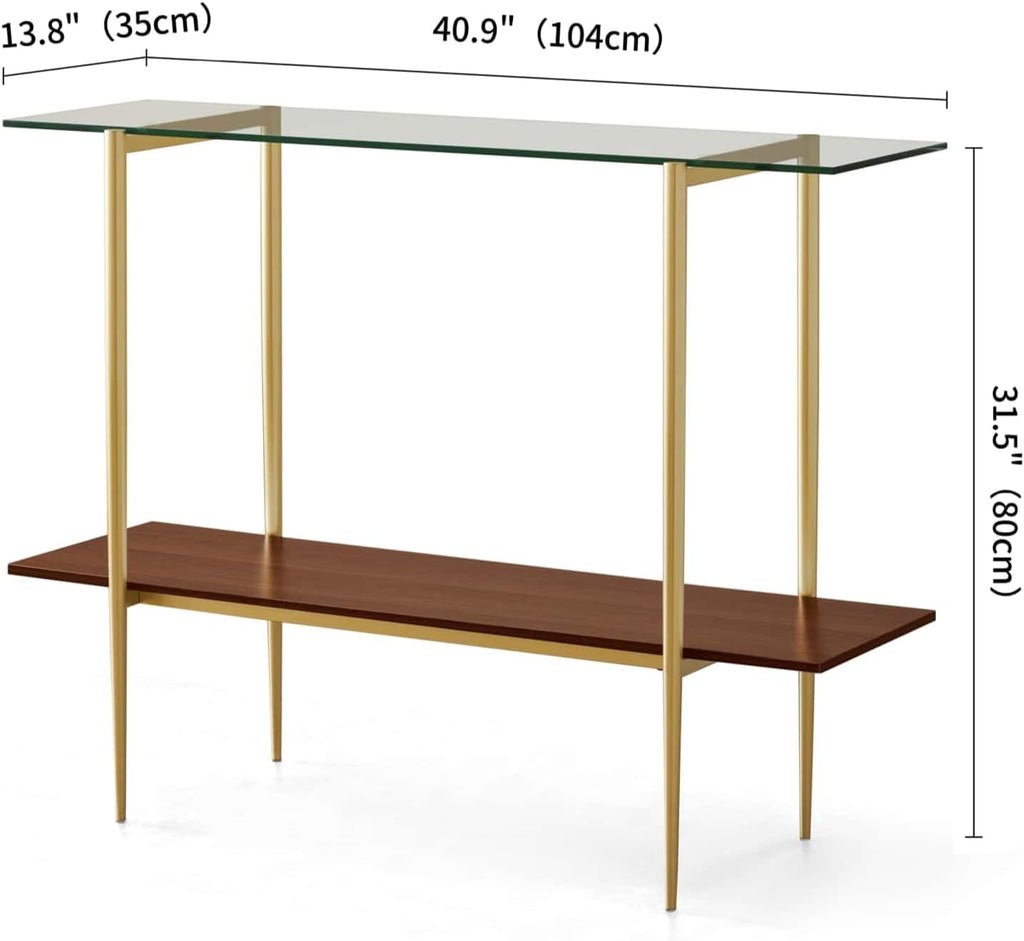 Glass Console Table for Living Room, Foyer & Entrance, 2-Tiers Mid-Century Modern Sofa Table with Clear Glass Top, Walnut Finish Wood Top and Gold Finish Metal Frame
