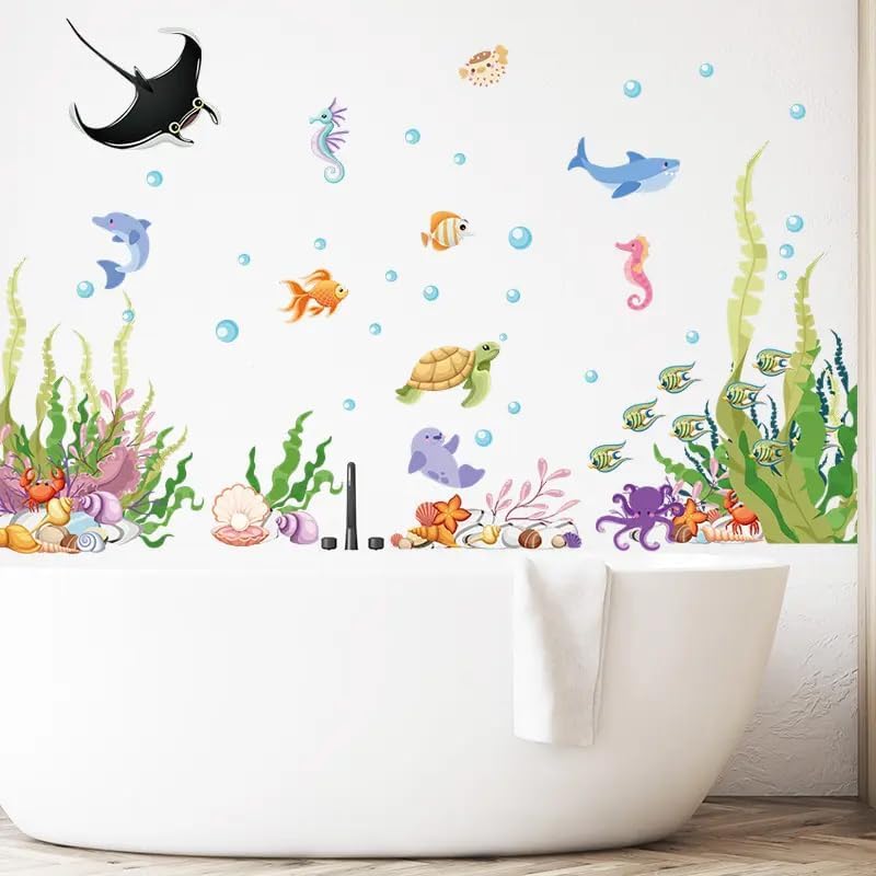 2 Sheets of 12x36 Inch Spring Summer Window Cling Sticker Fish, Plants, Aquatic Theme Window Stickers, Spring and Summer Decor, Home, Shop, Party Window, Glass, Wall Display Stickers (Aquatic Theme)