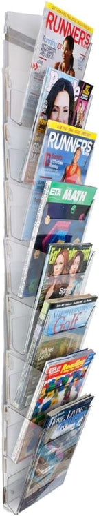 Displays2go Hanging Literature Rack with 8 Tiered Pockets for 8.5x11 Magazines, Wall Mounting Bracket Included - Clear Plastic