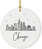 Andaz Press Round Ceramic Porcelain Christmas Tree Ornament Keepsake, Chicago Black and White Stars City Skyline Graphic, 1-Pack, Birthday Gift Idea for Family, Coworker, Him, Her, Includes Gift Box