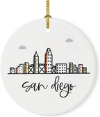 Andaz Press Round Ceramic Porcelain Christmas Tree Ornament Keepsake, San Diego Colorful City Skyline Graphic, 1-Pack, Birthday Gift Ideas Family Coworker Him Her, Includes Gift Box