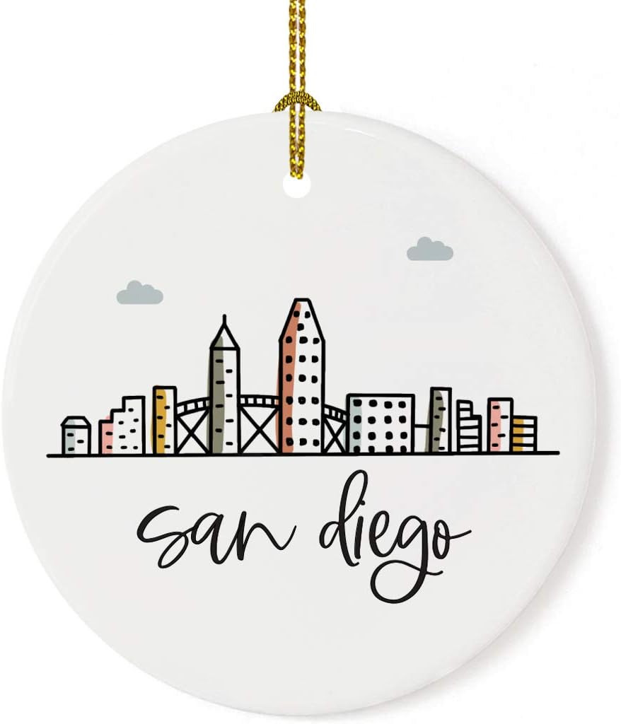 Andaz Press Round Ceramic Porcelain Christmas Tree Ornament Keepsake, San Diego Colorful City Skyline Graphic, 1-Pack, Birthday Gift Ideas Family Coworker Him Her, Includes Gift Box