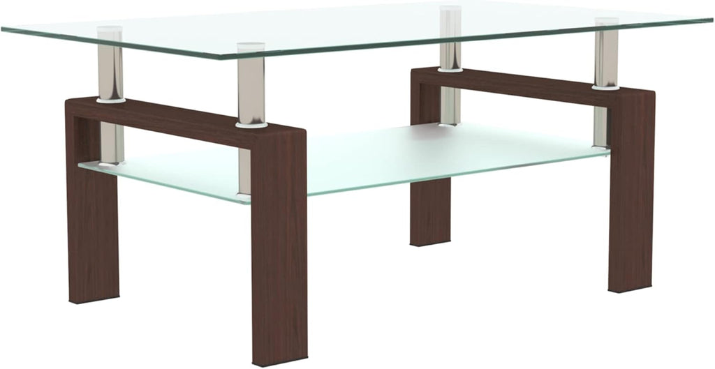 Glass Coffee Table for Living Room, Mordern Sofa Center Tables with Storage, Brown Metal Leg, Rectangle Tempered Glass Center Table Home Furniture