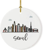 Andaz Press Round Ceramic Porcelain Christmas Tree Ornament Keepsake Gift, Seoul, Colorful International City Skyline Graphic, 1-Pack, Birthday Ideas Family Coworker Him Her, Gift Box