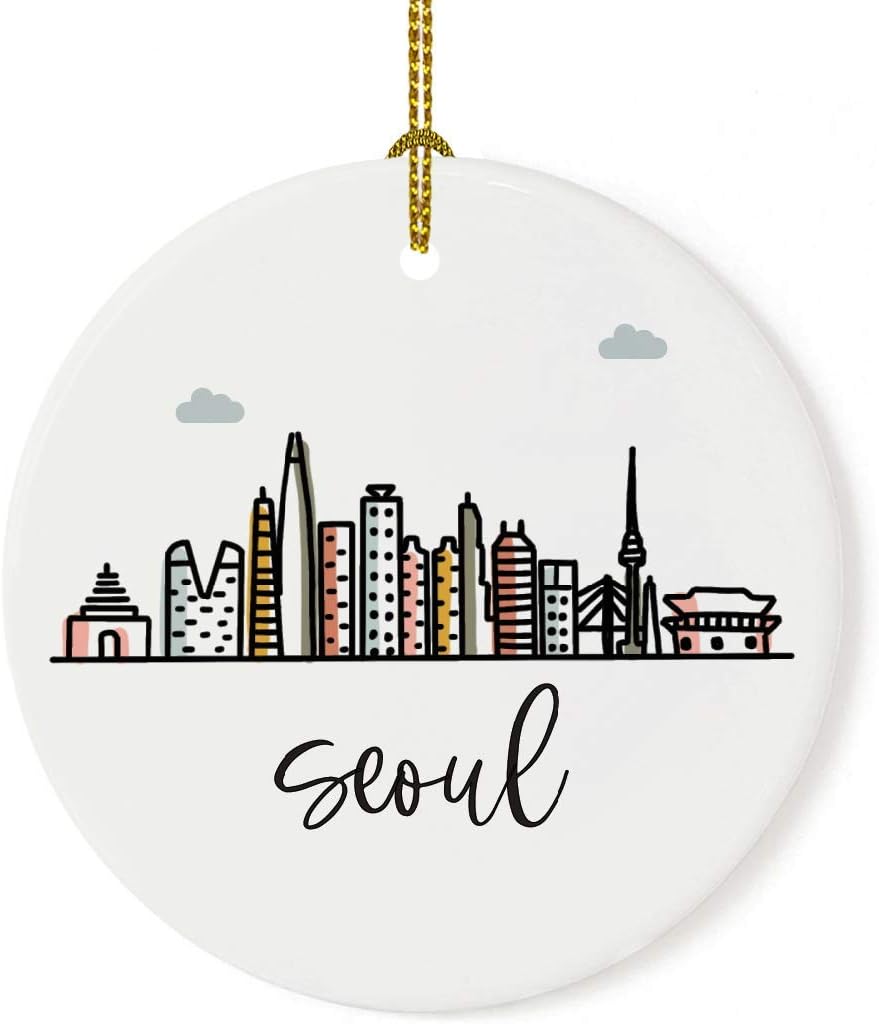 Andaz Press Round Ceramic Porcelain Christmas Tree Ornament Keepsake Gift, Seoul, Colorful International City Skyline Graphic, 1-Pack, Birthday Ideas Family Coworker Him Her, Gift Box
