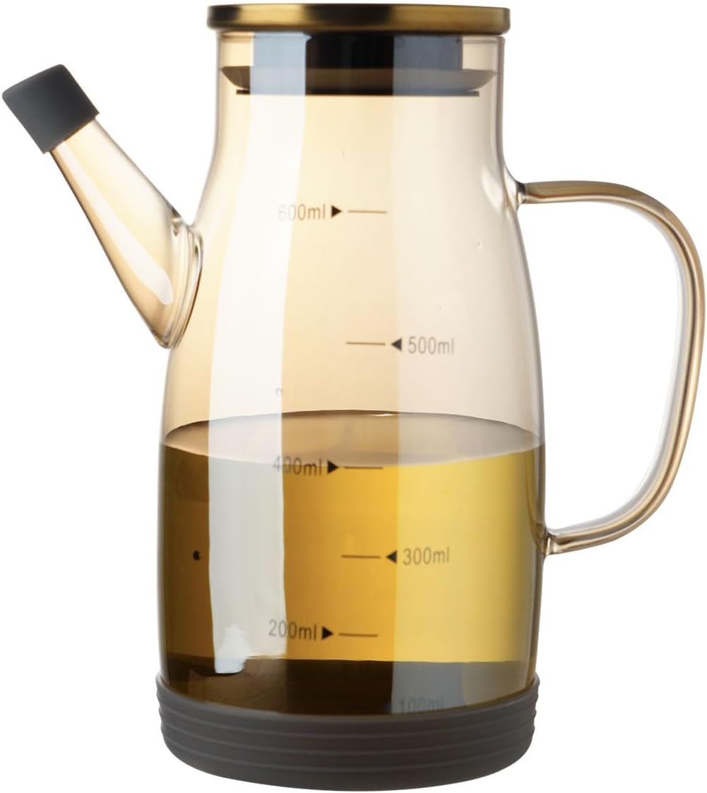 Large Glass Oil Dispenser Bottle for Kitchen Cooking Recipiente Para Aceite De Cocina Olive Oil Vinegar Dispenser Cruet Stainless Steel Lid No Drip Liquid Container (Champagne, 20oz / 600ml)