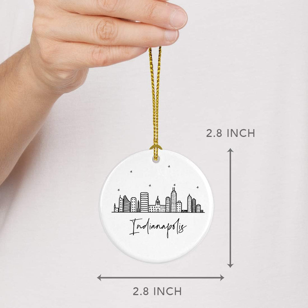Andaz Press Round Ceramic Porcelain Christmas Tree Ornament Keepsake Gift, Indianapolis, Black and White Stars City Skyline Graphic, 1-Pack, Birthday Ideas Family Coworker Him Her, Includes Gift Box
