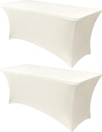 Obstal 8Ft Stretch Spandex Table Cover for Standard Folding Tables - 2 Pack Universal Rectangular Fitted Tablecloth for Party, Banquet, Events, Trade Show (Cream, 96L x 30W x 30H Inches)