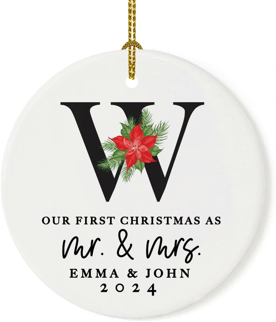 Andaz Press Personalized Our First Christmas As Mr. & Mrs. 2025 Christmas Ornaments Monogram Poinsettia 2.8" Round Porcelain Ceramic 1st Year Married Custom Ornament Keepsake for Newlyweds 1-Pack