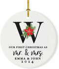 Andaz Press Personalized Our First Christmas As Mr. & Mrs. 2025 Christmas Ornaments Monogram Poinsettia 2.8" Round Porcelain Ceramic 1st Year Married Custom Ornament Keepsake for Newlyweds 1-Pack