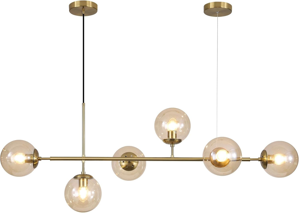 KCO Lighting Globe Linear Chandelier 6 Light Amber Glass Pendant Light Fixture Gold Kitchen Island Lighting Long Brass Sputnik Chandelier Dining Room Light Fixtures Over Table