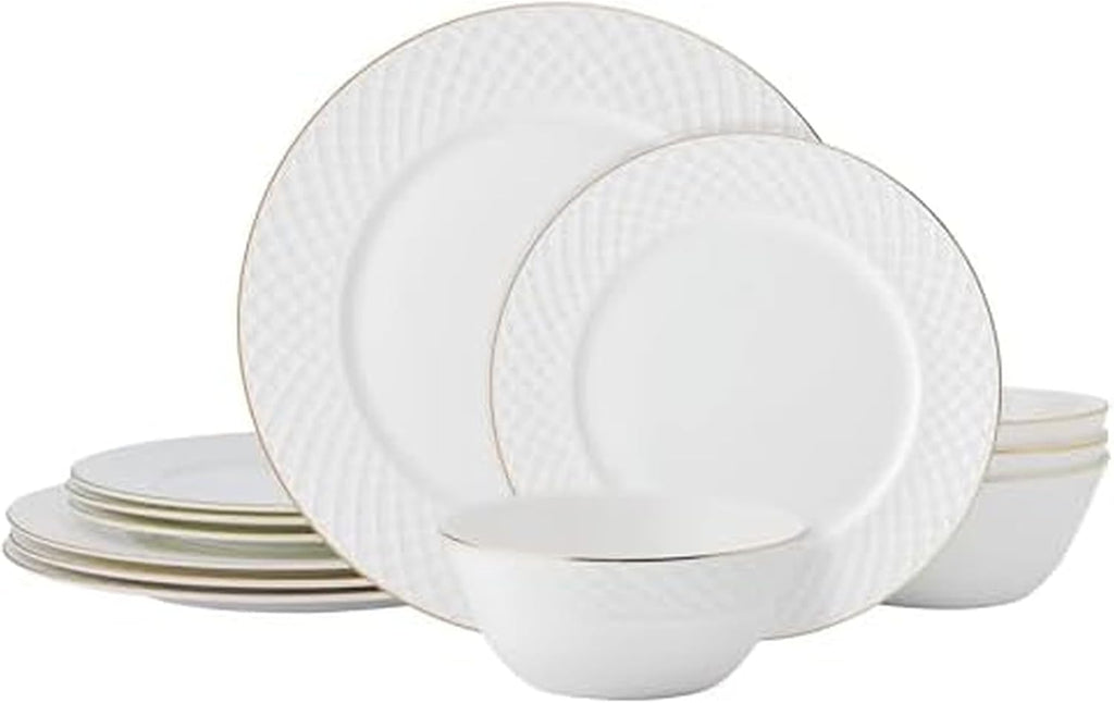 Mikasa Trellis Gold Rim Bone China Lightweight Chip Resistant 12 Piece Dinnerware Set, Service for 4