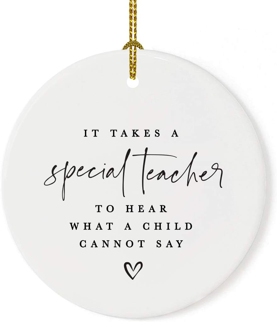 Andaz Press Round Ceramic Porcelain Christmas Tree Ornament For Teacher, It Takes A Special Teacher To What A Child Cannot Say, Heart Graphic 1-Pack Autism Therapist Special Education Teacher Ornament