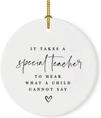 Andaz Press Round Ceramic Porcelain Christmas Tree Ornament For Teacher, It Takes A Special Teacher To What A Child Cannot Say, Heart Graphic 1-Pack Autism Therapist Special Education Teacher Ornament