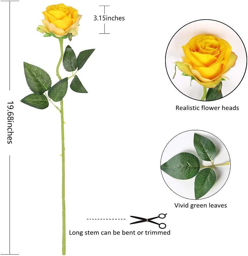 Yellow Fake Roses Artificial Flowers - 16 Pcs Fake Artificial Roses Silk Flowers with Stems for Home Wedding Hotel Office Centerpiece Decor