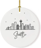 Andaz Press Round Ceramic Porcelain Christmas Tree Ornament Keepsake, Seattle Black and White Stars City Skyline Graphic, 1-Pack, Birthday Gift Ideas Family Coworker Him Her, Includes Gift Box