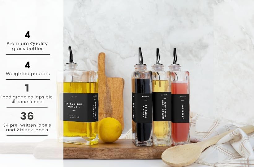 Molimoli Olive Oil Dispenser Bottle for Kitchen, Automatic Pourer, Glass Dispenser for Kitchen, Olive Oil Cruet, | Set of 4 - Black