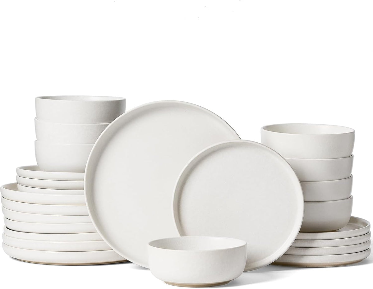 Famiware Milkyway Plates and Bowls Sets, 24 Pieces Dinnerware Sets, Reactive Glaze Dish Set, Stoneware Dishes Set for 8, Matte White