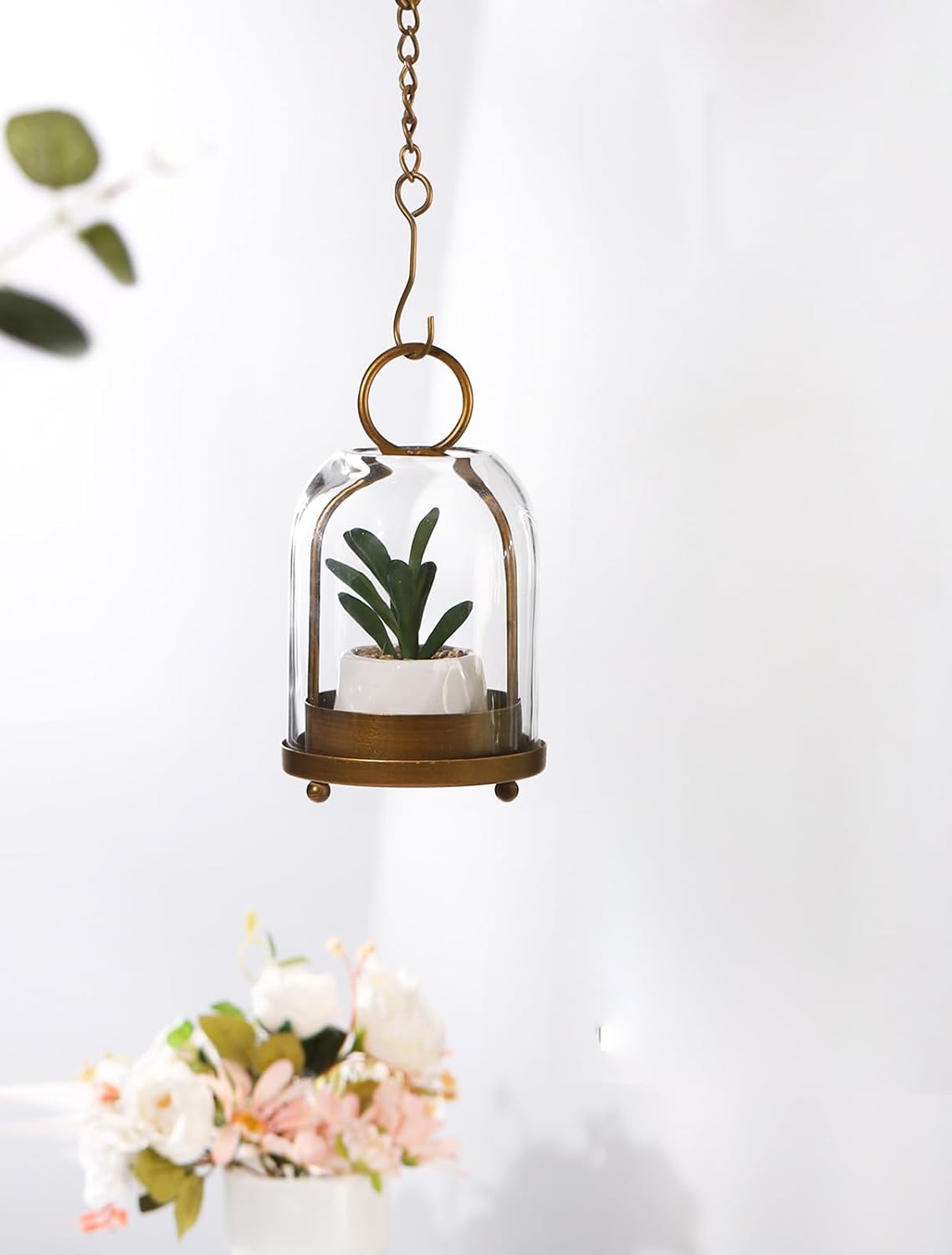 7.5" High Versatile Modern Metal Hurricane Lantern with Handmade Sturdy Glass Dome for 2" Pillar Candle & Plants (Brass, 4" x7.5)