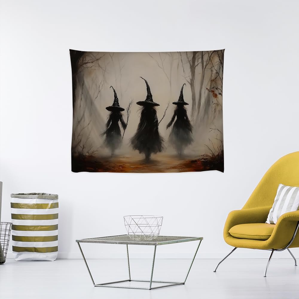 Witchy Halloween Tapestry Wall Hanging Vintage Spooky Witch Room Print Dark Academia Autumn Forest Three Witches Tapestries Decor for Halloween Living Room Bedroom Decoration 40x60inch