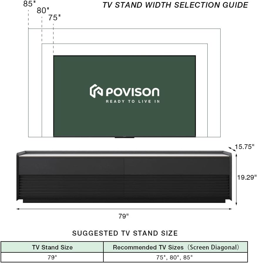 POVISON Fully-Assembled Mid Century Glossy Sintered Stone TV Stand, 78.74" Wood Media Console with Adjustable LED Light, Entertainment Center with Storage for Living Room