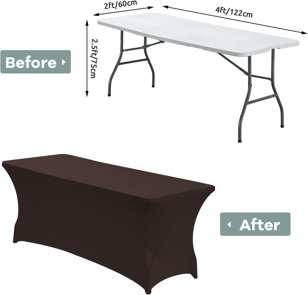 CWK 4FT Waterproof Stretch Spandex Table Cover for Rectangular Tables - Elastic Fitted Tablecloth for Folding Tables,Wrinkle Resistant Table Cloth for Parties, Weddings, Banquets & Events (Coffee)