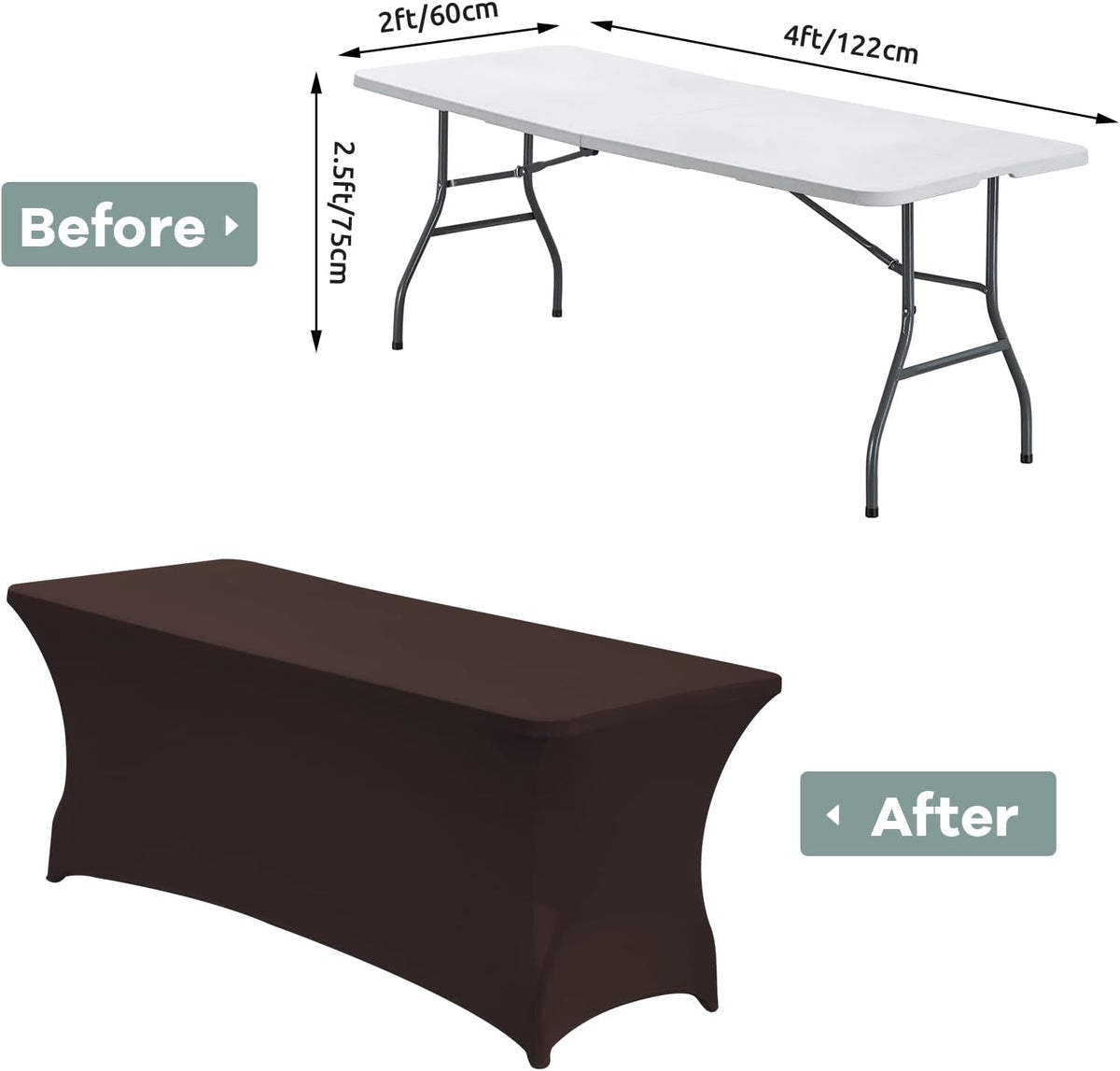 CWK 4FT Waterproof Stretch Spandex Table Cover for Rectangular Tables - Elastic Fitted Tablecloth for Folding Tables,Wrinkle Resistant Table Cloth for Parties, Weddings, Banquets & Events (Coffee)