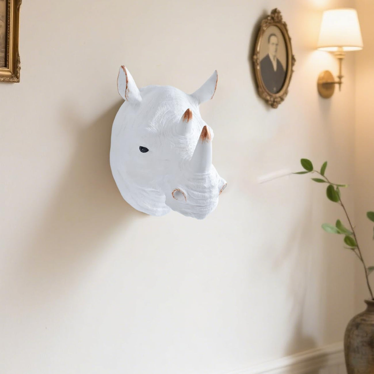 Rhino Head Wall Mount Resin Safari Animal Sculpture, Modern Faux Decor for Living Room Bedroom Office Realistic Wildlife Art Bust White