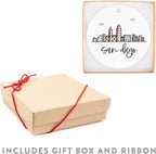 Andaz Press Round Ceramic Porcelain Christmas Tree Ornament Keepsake, San Diego Colorful City Skyline Graphic, 1-Pack, Birthday Gift Ideas Family Coworker Him Her, Includes Gift Box