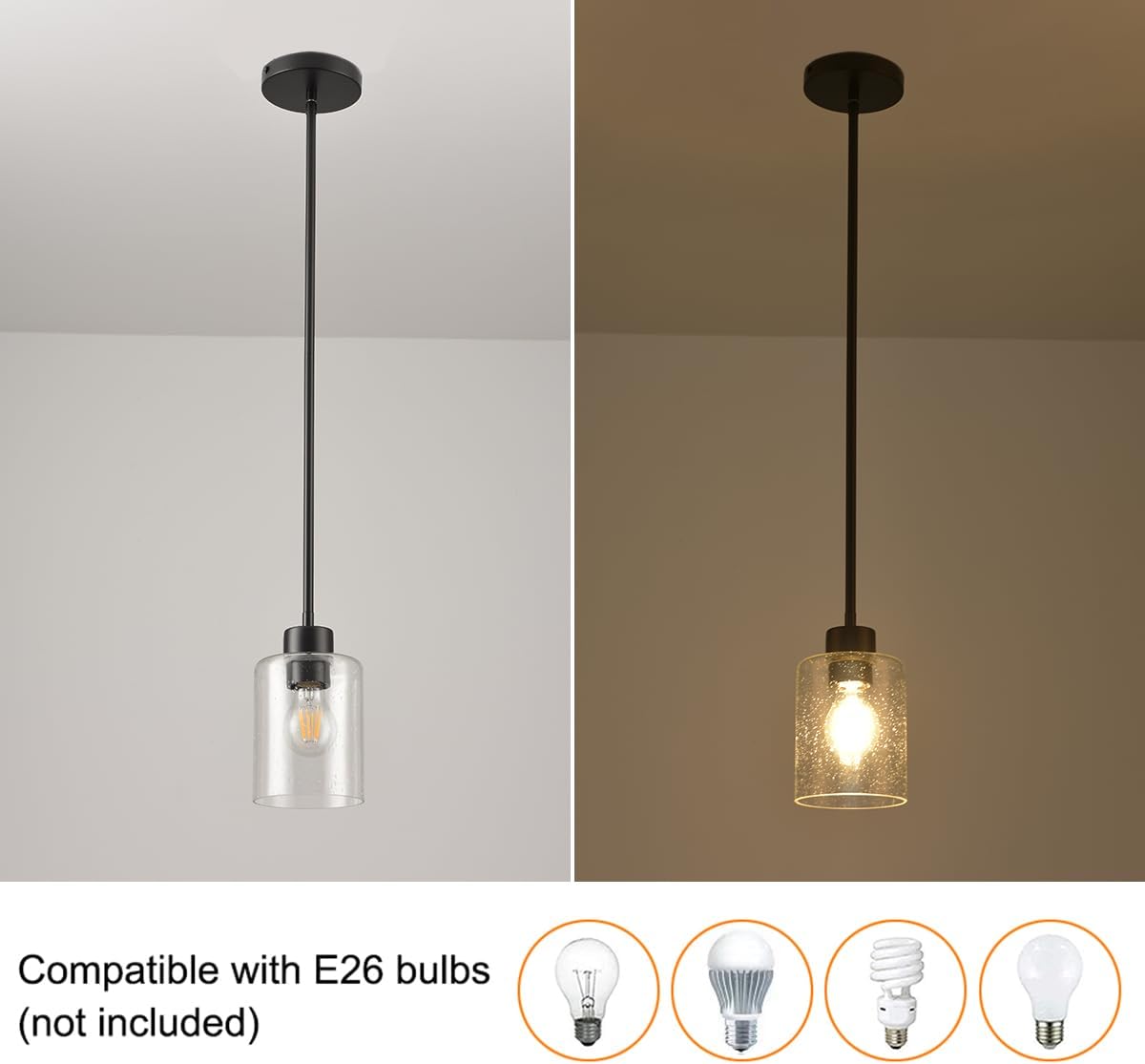 Black Pendant Lights Kitchen Island - Seeded Glass Pendant Light Fixture Multiple Stems Rods (3 Pack with Rod seeded Glass)