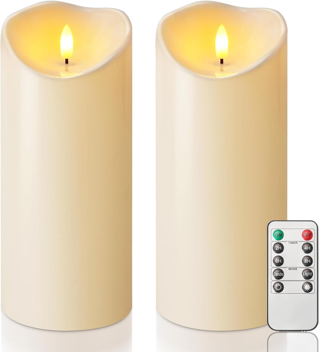 Homemory 4"x9" Outdoor Waterproof Flameless Candles with Timers and Remote Control, Battery Operated Candles, LED Plastic Candles, Dark Ivory, Set of 2