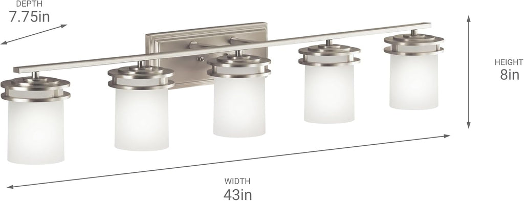 Kichler Hendrik 43" Vanity Light in Brushed Nickel, 5-Light Modern Bathroom Vanity with Satin Etched Cased Opal Glass, (43" W x 7.75" H), 5085NI