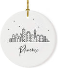 Andaz Press Round Ceramic Porcelain Christmas Tree Ornament Keepsake, Phoenix Black and White Stars City Skyline Graphic, 1-Pack, Birthday Gift Idea for Family Coworker Him Her, Includes Gift Box