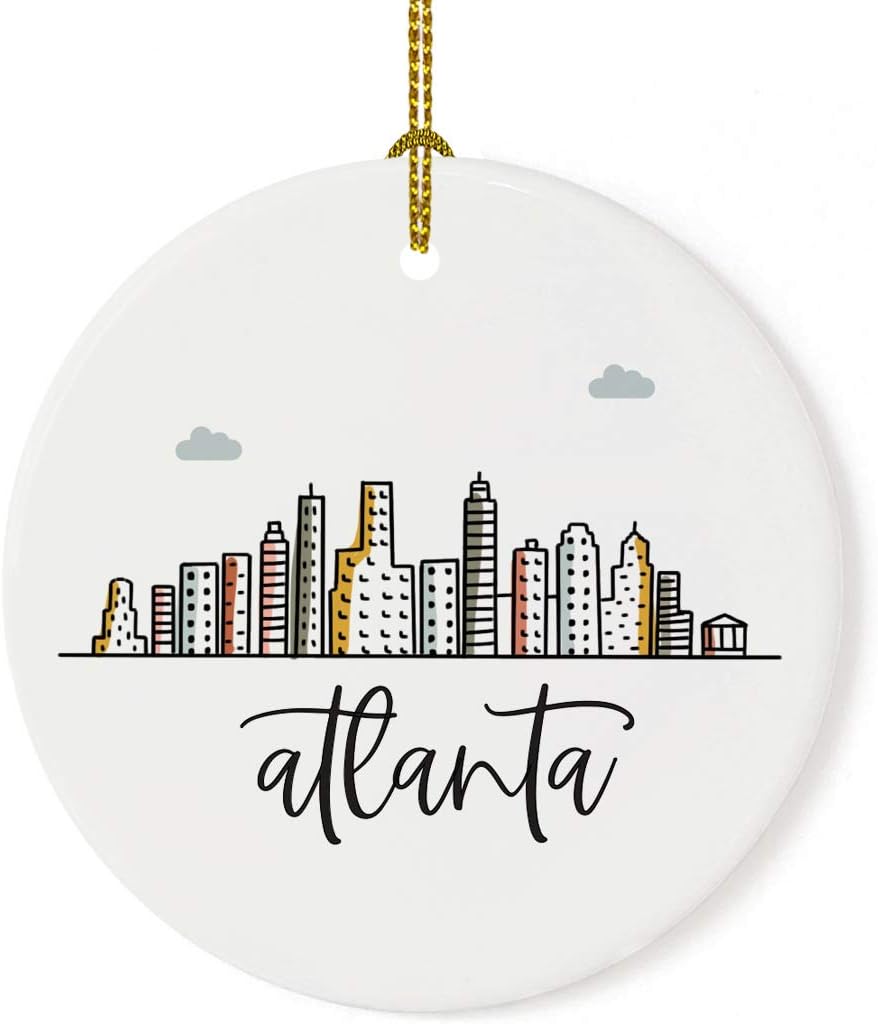 Andaz Press Round Ceramic Porcelain Christmas Tree Ornament, Atlanta Colorful City Skyline Graphic, 1-Pack Birthday Ideas Family Coworker Gift, Includes Gift Box