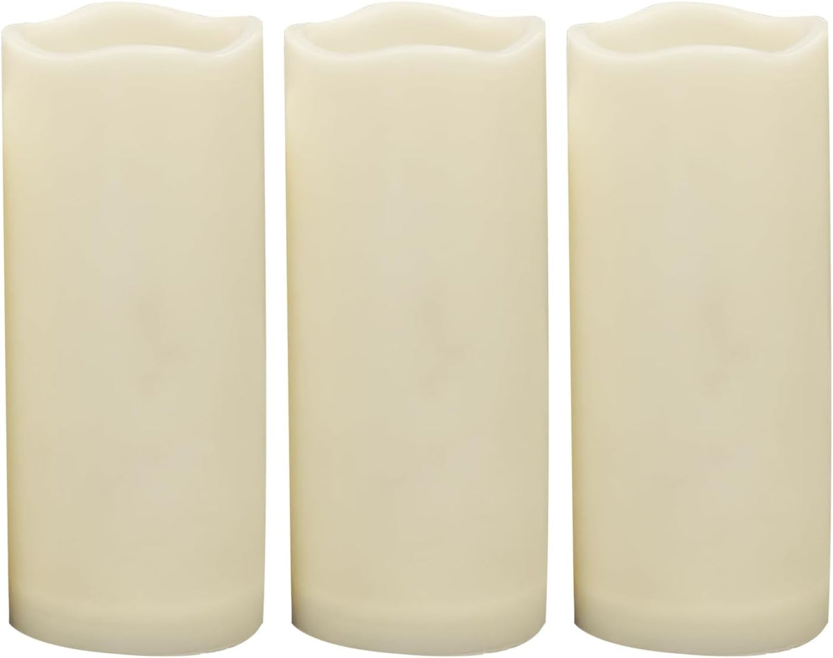 Waterproof Outdoor Battery Operated Flameless Candles with Auto Timer Flickering Plastic Resin Electric LED Pillar Lights for Lantern Patio Garden Wedding Party Decorations 3x7 Inches 3 Pack Ivory