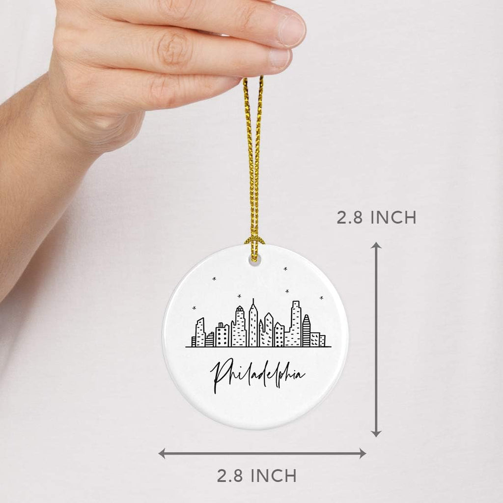 Andaz Press Round Ceramic Porcelain Christmas Tree Ornament Gift, Philadelphia Black and White Stars City Skyline Graphic, 1-Pack, Birthday Ideas for Family Coworker, Philly