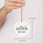Andaz Press Round Ceramic Porcelain Christmas Tree Ornament Gift, Philadelphia Black and White Stars City Skyline Graphic, 1-Pack, Birthday Ideas for Family Coworker, Philly