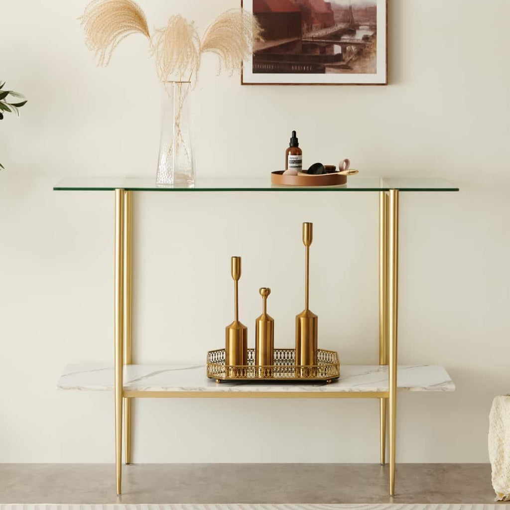 Glass Console Table for Living Room, Foyer & Entrance, 2-Tiers Mid-Century Modern Sofa Table with Clear Glass Top, White Marble Finish Wood Shelf and Gold Finish Frame