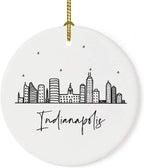 Andaz Press Round Ceramic Porcelain Christmas Tree Ornament Keepsake Gift, Indianapolis, Black and White Stars City Skyline Graphic, 1-Pack, Birthday Ideas Family Coworker Him Her, Includes Gift Box