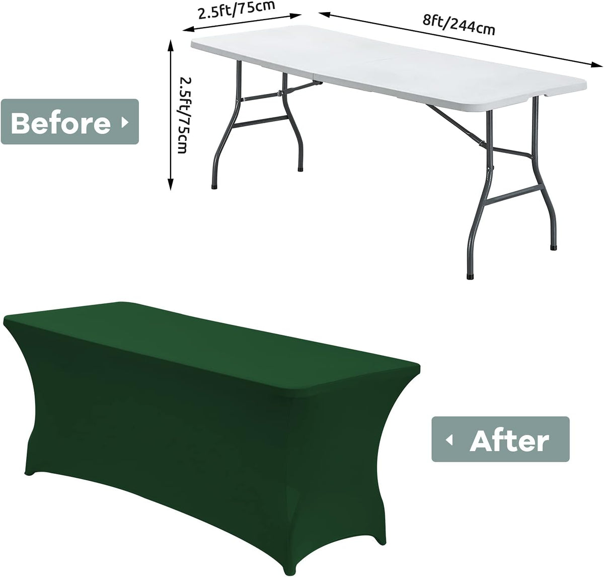 CWK 8FT Waterproof Stretch Spandex Table Cover for Rectangular Tables - Elastic Fitted Tablecloth for Folding Tables,Wrinkle Resistant Table Cloth for Parties,Weddings,Banquets&Events(Blackish Green)