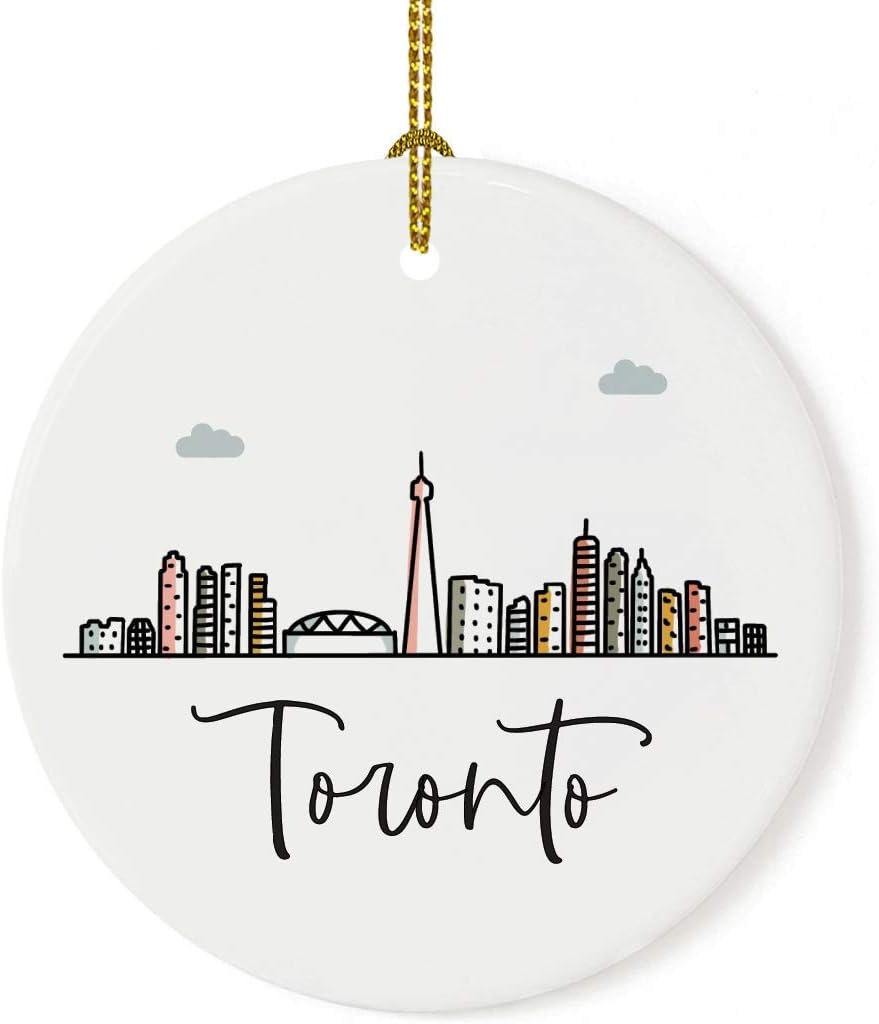 Andaz Press Round Ceramic Porcelain Christmas Tree Ornament Keepsake Gift, Toronto, Colorful International City Skyline Graphic, 1-Pack, Birthday Ideas Family Coworker Him Her, Gift Box