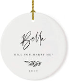 Andaz Press Personalized Engagement Proposal Round Ceramic Porcelain Christmas Tree Ornament Keepsake Gift, Olivia Will You Marry Me?, Antique Handdrawn, 1-Pack Will You Marry Me Christmas Ornament